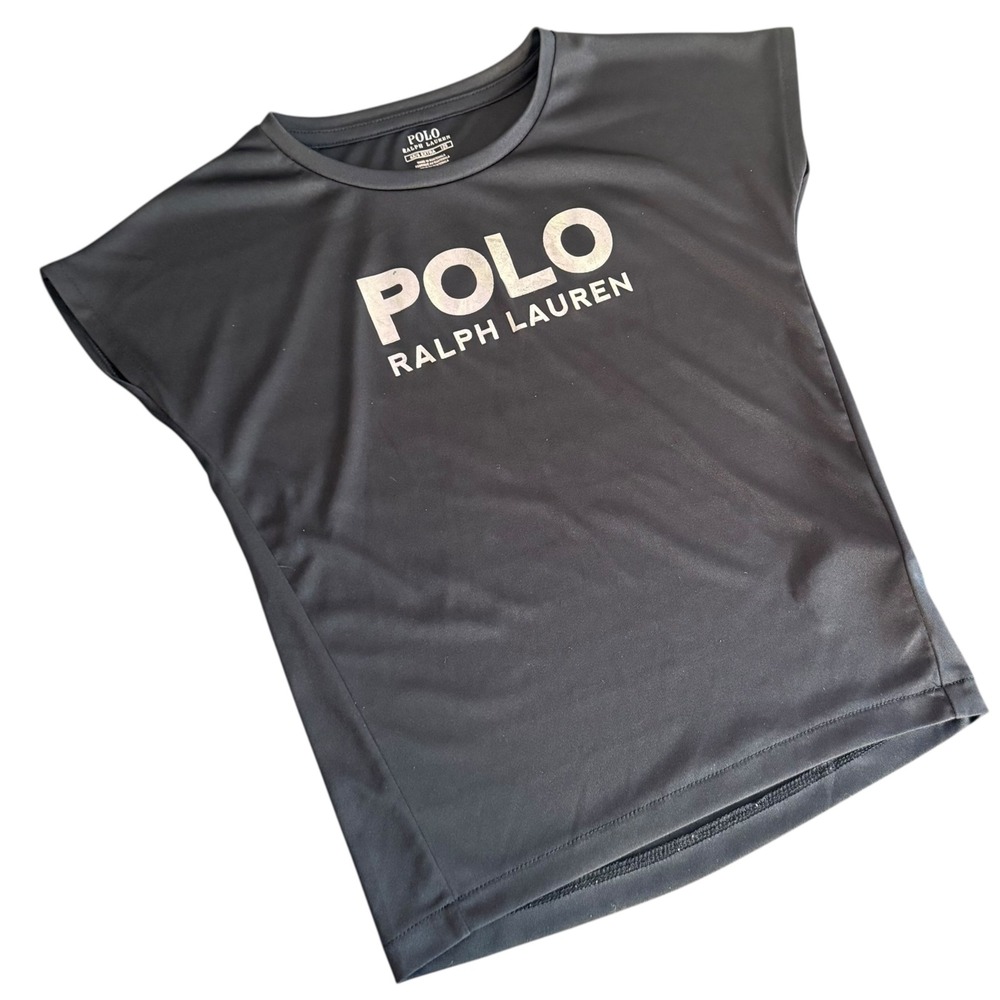 Polo Ralph Lauren Girls Activewear Shirt Size 6X Black Metallic Silver Spellout